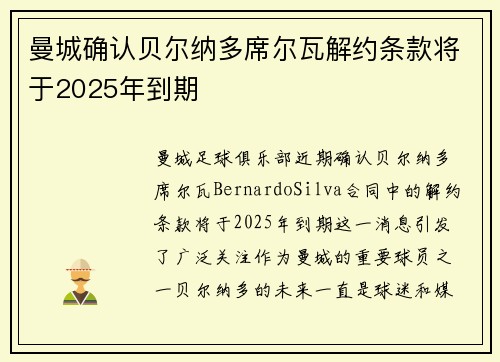 曼城确认贝尔纳多席尔瓦解约条款将于2025年到期 曼城确认贝尔纳多席尔瓦解约条款将于2025年到期